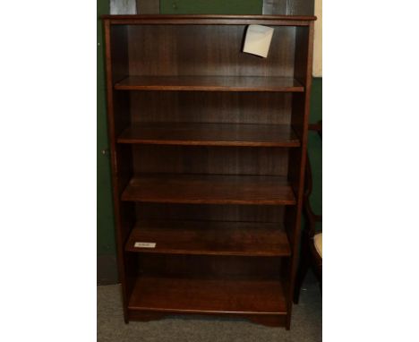 An oak open bookcase, 77cm by 30cm by 137cm, a G Plan style nest of three tables and a mid 20th century oak firescreen (3)