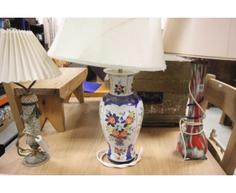 Gilt Metal and Ceramic Table Lamp, another Ceramic Table Lamp and a Coloured Glass Table Lamp