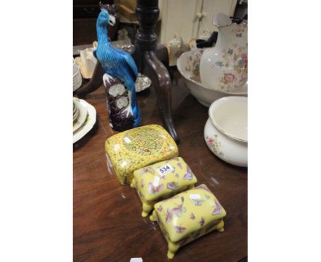 Two Ceramic Lidded Trinket Boxes decorated with Butterflies together with a Lacquered Bowl with other Lacquered Items