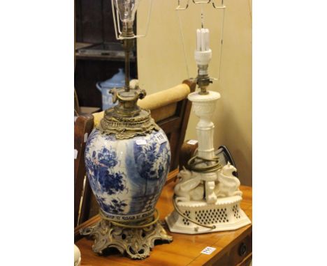 Chinese Blue & White Ceramic and Gilt Table Lamp plus a Modern Leeds Creamware Table Lamp