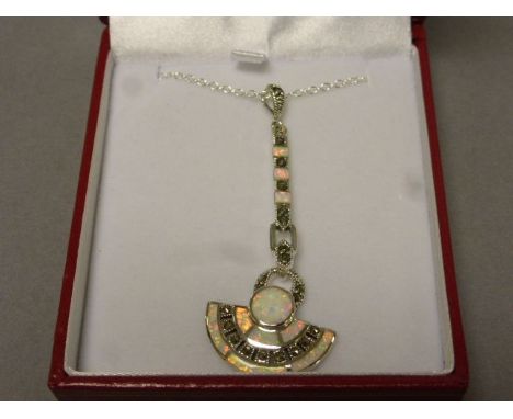 A silver art deco style opal set drop pendant necklace 