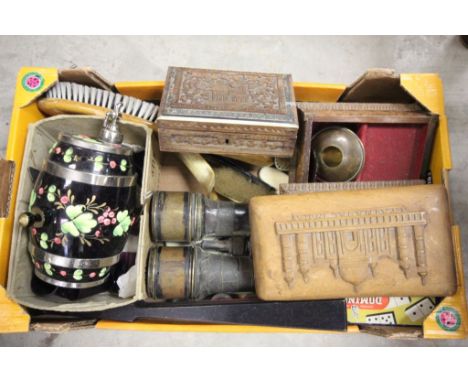 Box of mixed items, including wooden boxes, binoculars, cribbage boards 