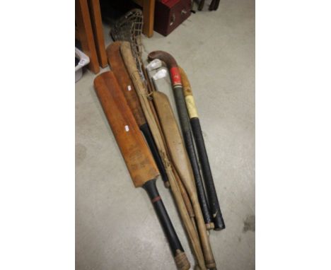 Mixed Lot of Vintage Sporting Equipment including Lacrosse Stick, Two Cricket Bats, Two Hockey Sticks, Three Golf Clubs, Roun