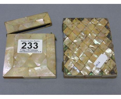 A inlaid mother of pearl Victorian card case, along with one other 