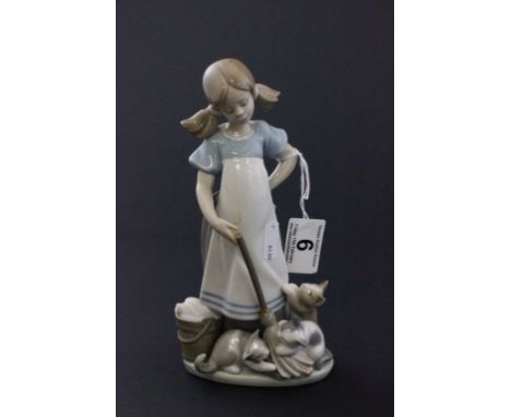 Boxed Lladro Figurine of a Girl holding a Mop which cats are playing with