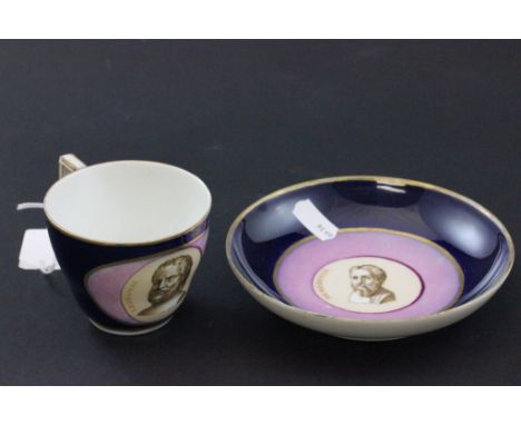A 19th century tea cup and saucer,  decorated with a portrait of Leodamas and Herodotus, in the Meissen style 