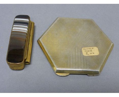 A silver compact, along with agate pin box