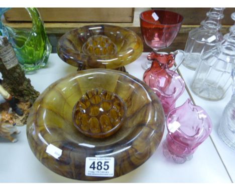 Two Art Deco glass flower holders and bowls, along with four pieces cranberry glass