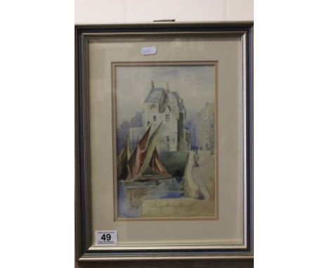Vintage framed harbour scene watercolour signed C.H