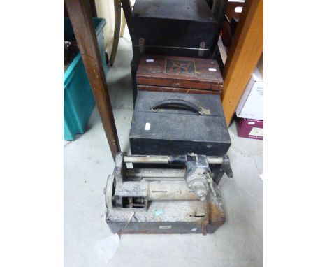 Three Vintage Cased Record Players, Inlaid Wooden Record Box and a Dictophone Motor