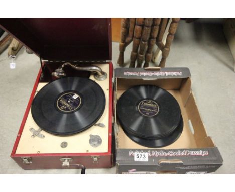 Vintage Red Cased Decca 50 Record Player together with a quantity Columbia Records
