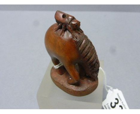 Signed wood netsuke of a horse with cicada on back