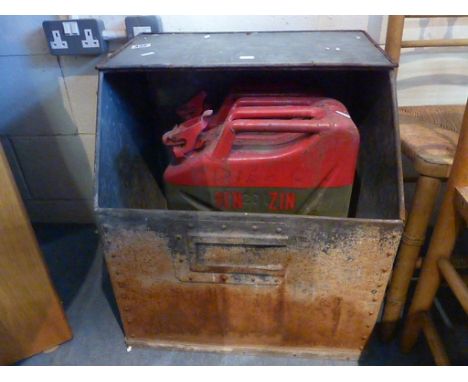 Two vintage red jerry cans, along with a metal store bin and camp bed