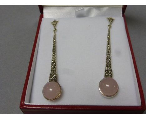 A pair of silver marcasite and rose quartz art deco style earrings 