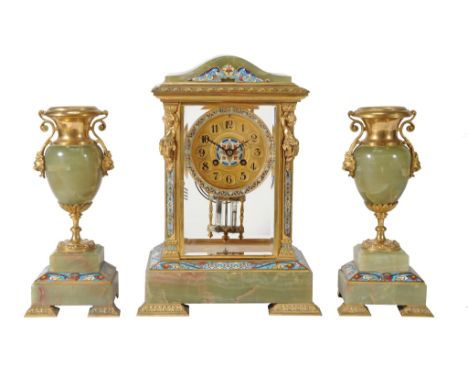 A French gilt brass and champleve enamel mounted green onyx four-glass...  A French gilt brass and champleve enamel mounted g