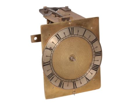 A rare small English hooded wall timepiece movement and dial, Unsigned  A rare small English hooded wall timepiece movement a