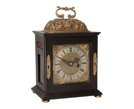 A fine James II gilt brass mounted ebony small basket top table timepiece with silent-pull quarter-repeat on two bells Henry 