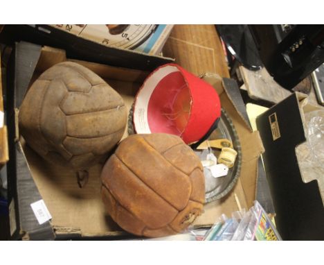 A PAIR OF VINTAGE LACE UP LEATHER CASEBALLS, A FEZ, A METAL TRAY ETC