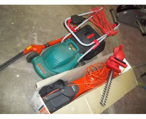 FOUR GARDENING ITEMS TO INCLUDE AN ELECTRIC MOWER, FLYMO GARDEN VAC, A FLMO EXTENDING HEDGE TRIMMER AND AN OTHER HEDGE TRIMME