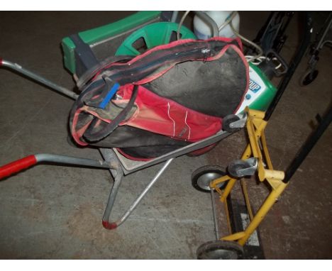 A WHEEL BARROW, A SACK TRUCK, A GARDEN HOSE ETC