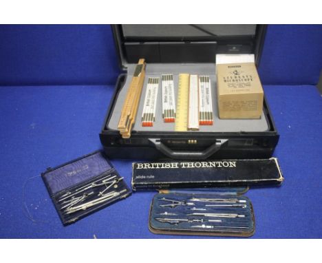 A COLLECTION OF VINTAGE RULERS, A STUDENTS MICROSCOPE, COMPASS SET ETC, CONTAINED IN A SAMSONITE SUITCASE