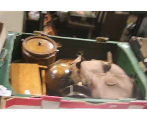 A TRAY OF TREEN AND COLLECTABLES TO INCLUDE A TEA CADDY