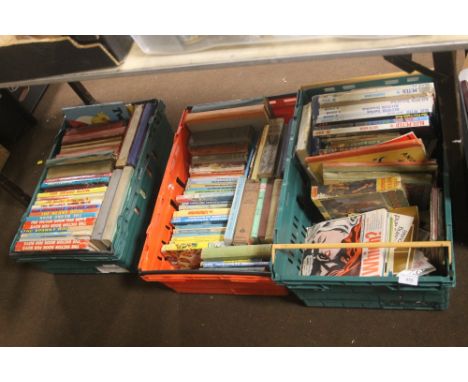 THREE TRAYS OF BOOKS TO INCLUDE VINTAGE ANNUALS