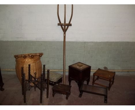 NINE ITEMS TO INCLUDE STOOLS, A FORK WALL HANGING BASKET TOGETHER WITH A WICKER BASKET ETC