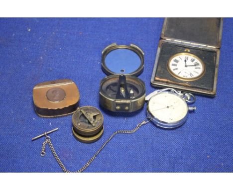 A VINTAGE POCKET COMPASS TOGETHER WITH A WHITE METAL CHAIN POCKET WATCH ETC