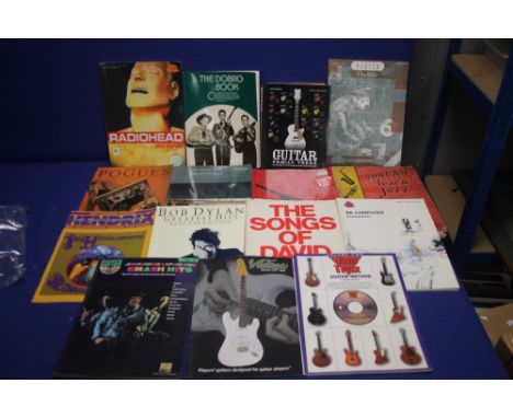 A COLLECTION OF MUSIC RELATED BOOKS TO INCLUDE THE POGUES, BOB DYLAN , BOWIE, RADIO HEAD ETC