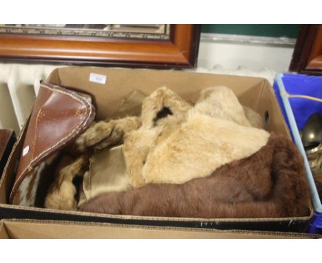 TWO VINTAGE FUR COATS AND A HIDE STOOL