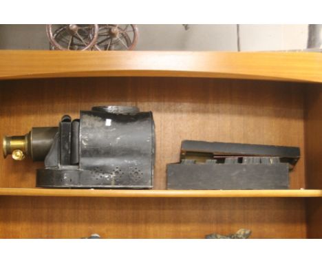 ANTIQUE MAGIC LANTERN AND BOX OF GLASS SHADES