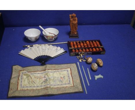 A QUANTITY OF ORIENTAL COLLECTABLES TO INCLUDE A PIPE, ABACUS ETC