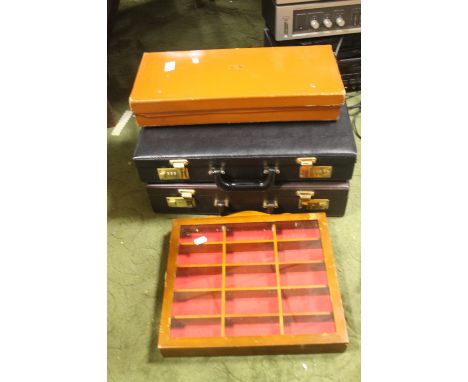 A PAIR OF BRIEFCASES, A SMALL VINTAGE LEATHER CASE A WALL MOUNTED DISPLAY CABINET ETC