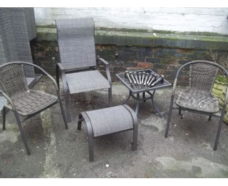 SIX ITEMS TO INCLUDE 3 GARDEN CHAIRS, A TABLE, STOOL AND SOLAR LIGHTS