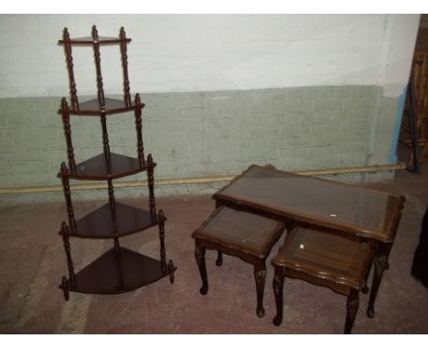 A REPRODUCTION WOT-NOT DISPLAY SHELF AND COFFEE TABLE TOGETHER WITH A NEST OF TABLES