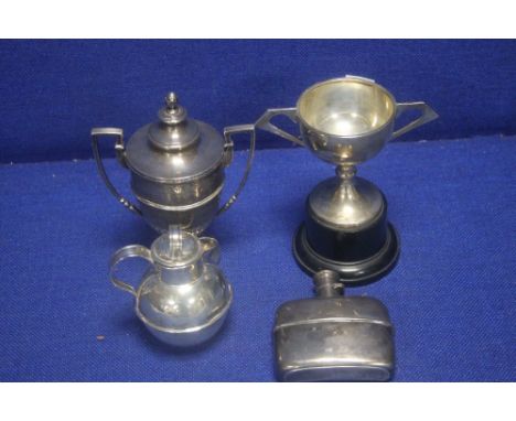 TWO HALLMARKED SILVER TROPHY""S TOGETHER WITH A HALLMARKED SILVER HIP FLASK AND JUG