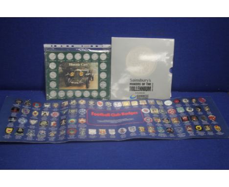 A COLLECTION OF COINS TO INCLUDE HISTORIC CARS, SAINSBURYS MAKES THE MILLENIUM AND THE ESSO COLLECTION OF FOOTBALL CARD BADGE