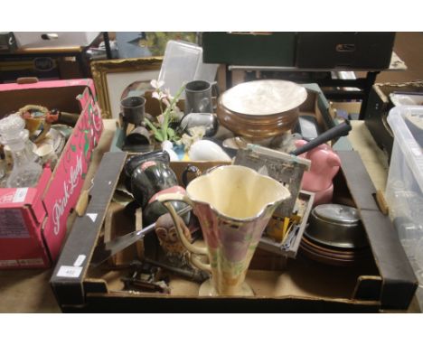 TWO TRAYS OF COLLECTABLES TO INCLUDE A BAROMETER, TREEN ETC  (TRAY NOT INCLUDED)