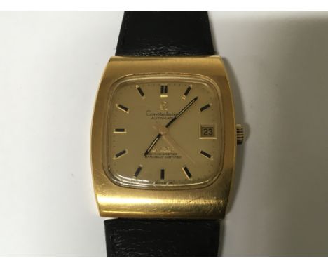 A Gents Vintage Omega Constellation Automatic with date apature, orgional strap clasp and box. Not seen working.