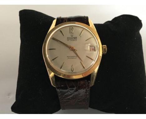 A Vintage Allaine, Gents Automatic 25 jewel Watch with date apature working order leather strap.