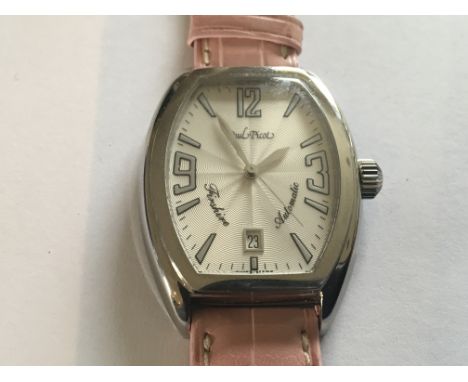 A Midi Paul Picot Firshire Swiss Automatic 2000Watch Stainless Steel with a Light silver white dial and conforming pink strap