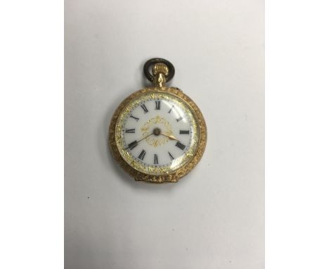 A 18 ct gold fob watch with button wind movement the enamel dial with Roman numerals
