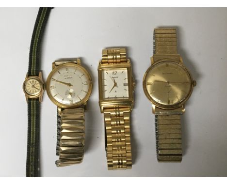 A Vintage Gents Oris 15 Jewel manual wind watch (seen working) a small Gold cased Ladies Mudu Watch a Rotary and a Gold tone 