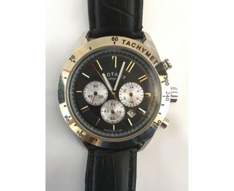 A boxed Gents Rotary chronograph wristwatch with three subsidiary dials, baton numerals, date aperture and tachymeter on beze