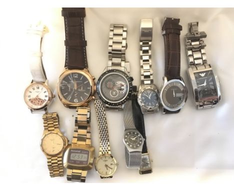 A mixed bag containing eleven ladies and gents wristwatches including examples from Accurist, Rotary and Armani.