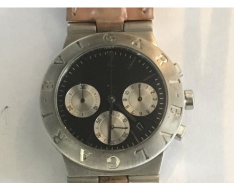 A Gents Bvlgari Chronograph Watch the Black dial with three silver subsidiary dials working order. With orgional leather stra