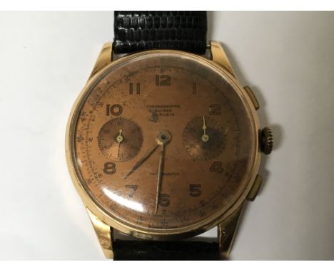 A Vintage 18ct Gold Cased Chronographe Suisse, Manual wind Watch not overwound runs but then stops.