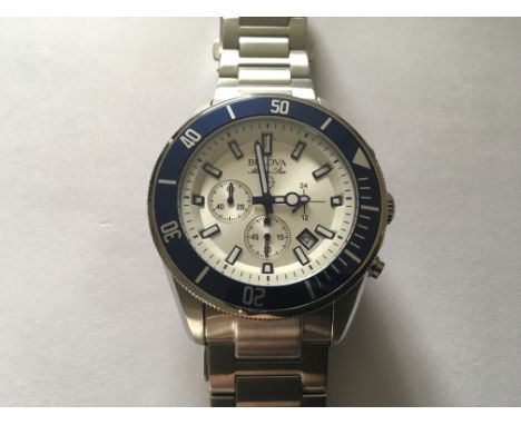 A Gents Stainless Steel Bulova Marine Star Automatic Chronograph 100m.silver and blue finish. Serial number 16473960.working 