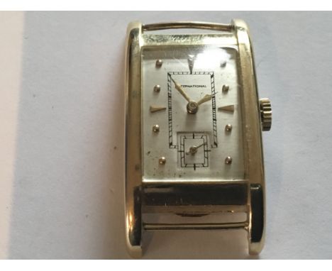 A Gents IWC Vintage Watch with a 14ct Gold Case circa 1940, rectangular dial. Movement winds and working order.